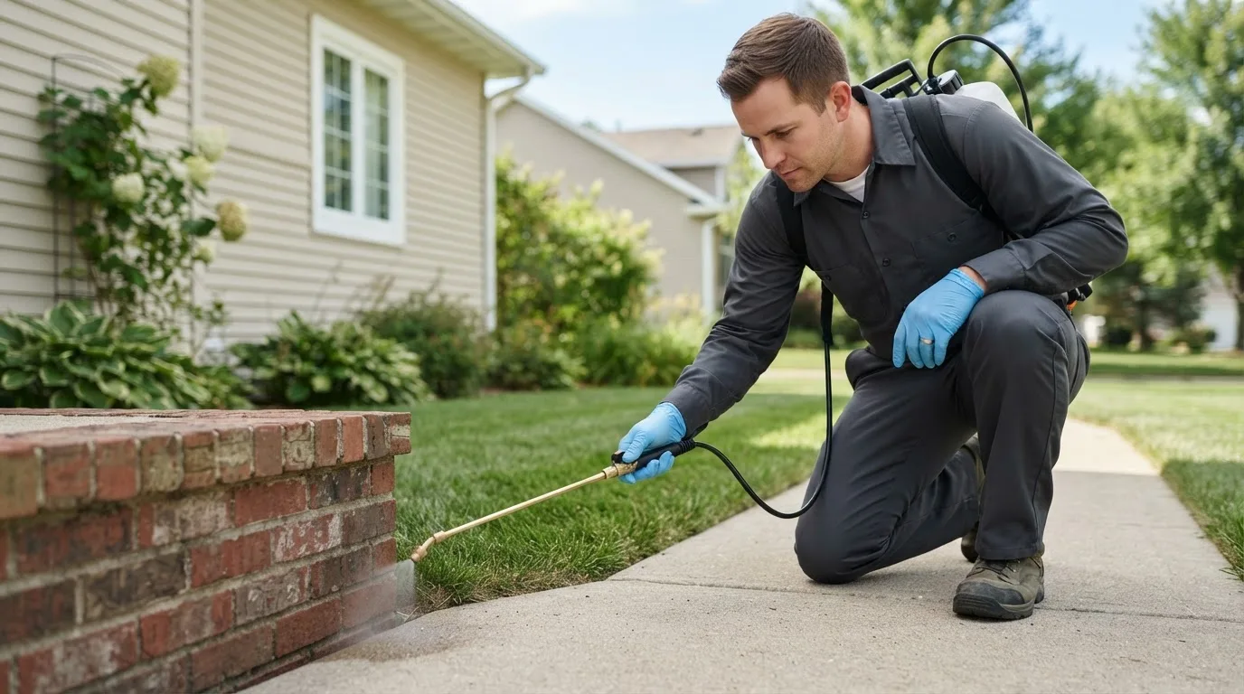 Pest control technician treating a home near Searsmont, ME